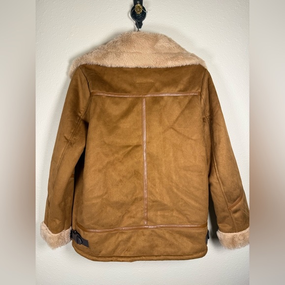 Steve Madden Women’s Faux Shearling Fur Bomber Jacket In Cognac Size Small - Picture 4 of 12